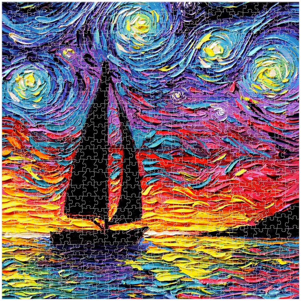 Premium Boxed Puzzles  Sailboat Sunset Ocean Starry Night Art By Aja Rainy Day Activity Game Choose From Multiple Sizes Perfect Gift