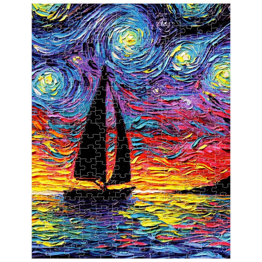 Premium Boxed Puzzles  Sailboat Sunset Ocean Starry Night Art By Aja Rainy Day Activity Game Choose From Multiple Sizes Perfect Gift