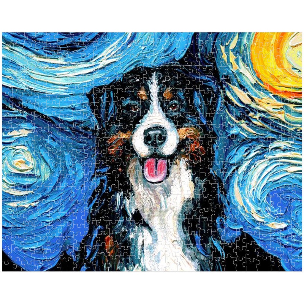 Premium Boxed Puzzles  Bernese Mountain Dog Starry Night Art By Aja Rainy Day Activity Game Choose From Multiple Sizes