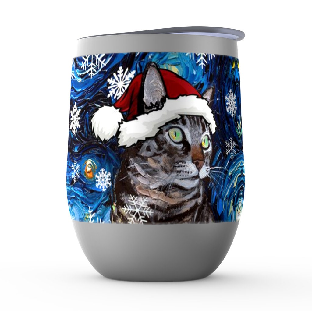 Stemless Wine Tumblers  Tabby Santa Cat Starry Night Cup With Lid Christmas Gift Barware Wine Glass Home Goods Drinkware By Aja
