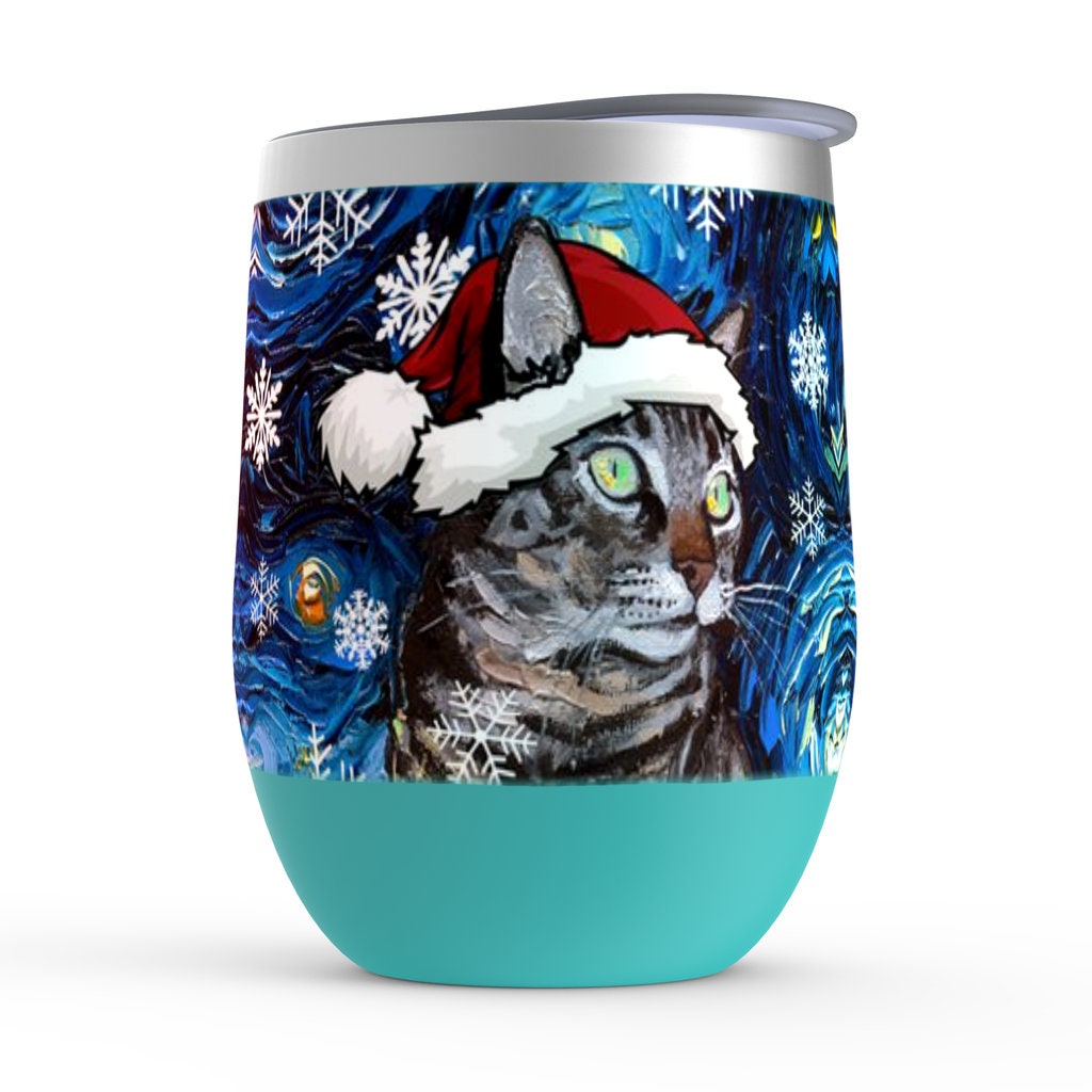 Stemless Wine Tumblers  Tabby Santa Cat Starry Night Cup With Lid Christmas Gift Barware Wine Glass Home Goods Drinkware By Aja