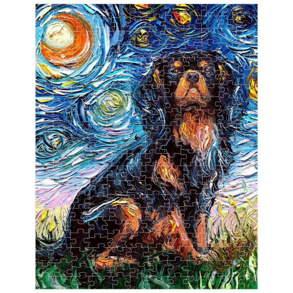 Premium Boxed Puzzles  Black And Tan Cavalier King Charles Spaniel Starry Night Dog Art By Aja Choose From Multiple Sizes