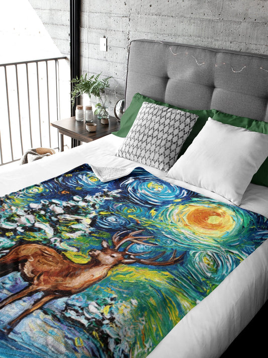 Fleece Sherpa Blanket Silent Starry Night Deer In Snowy Woods 60x50 Inch Throw