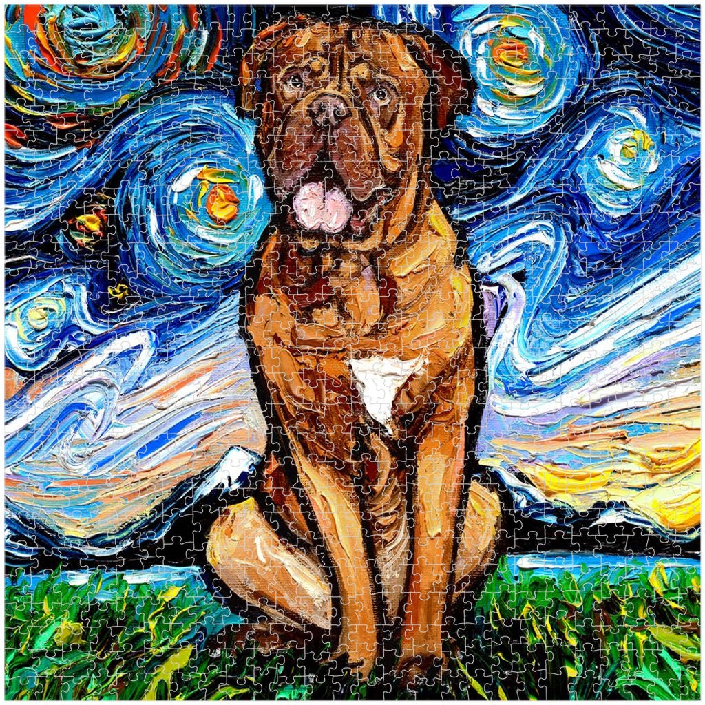 Premium Boxed Puzzles  Dogue De Bordeaux Mastiff Starry Night Dog Art By Aja Choose From Multiple Sizes Rainy Day Activity