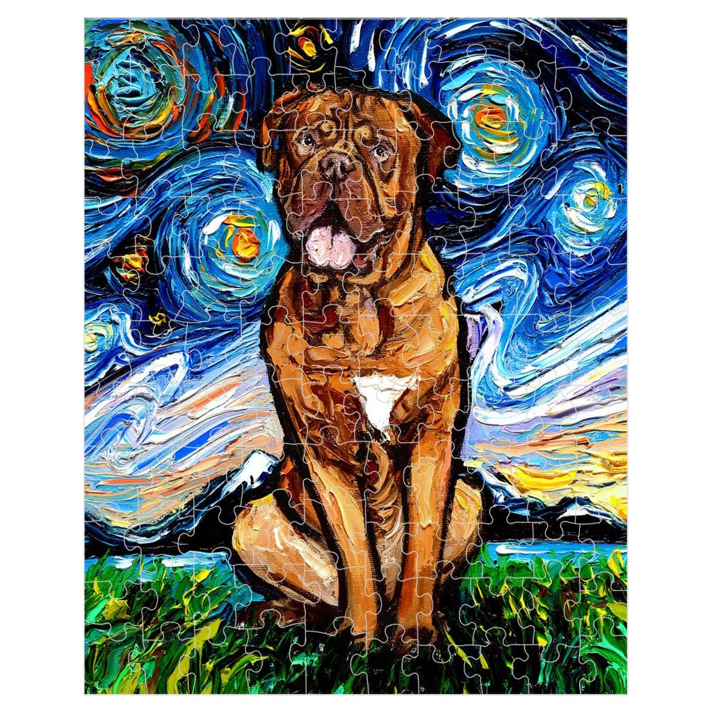 Premium Boxed Puzzles  Dogue De Bordeaux Mastiff Starry Night Dog Art By Aja Choose From Multiple Sizes Rainy Day Activity