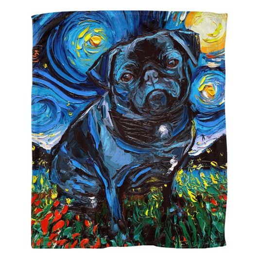 Fleece Throw Blanket Black Pug Starry Night Dog 60x50 Inch