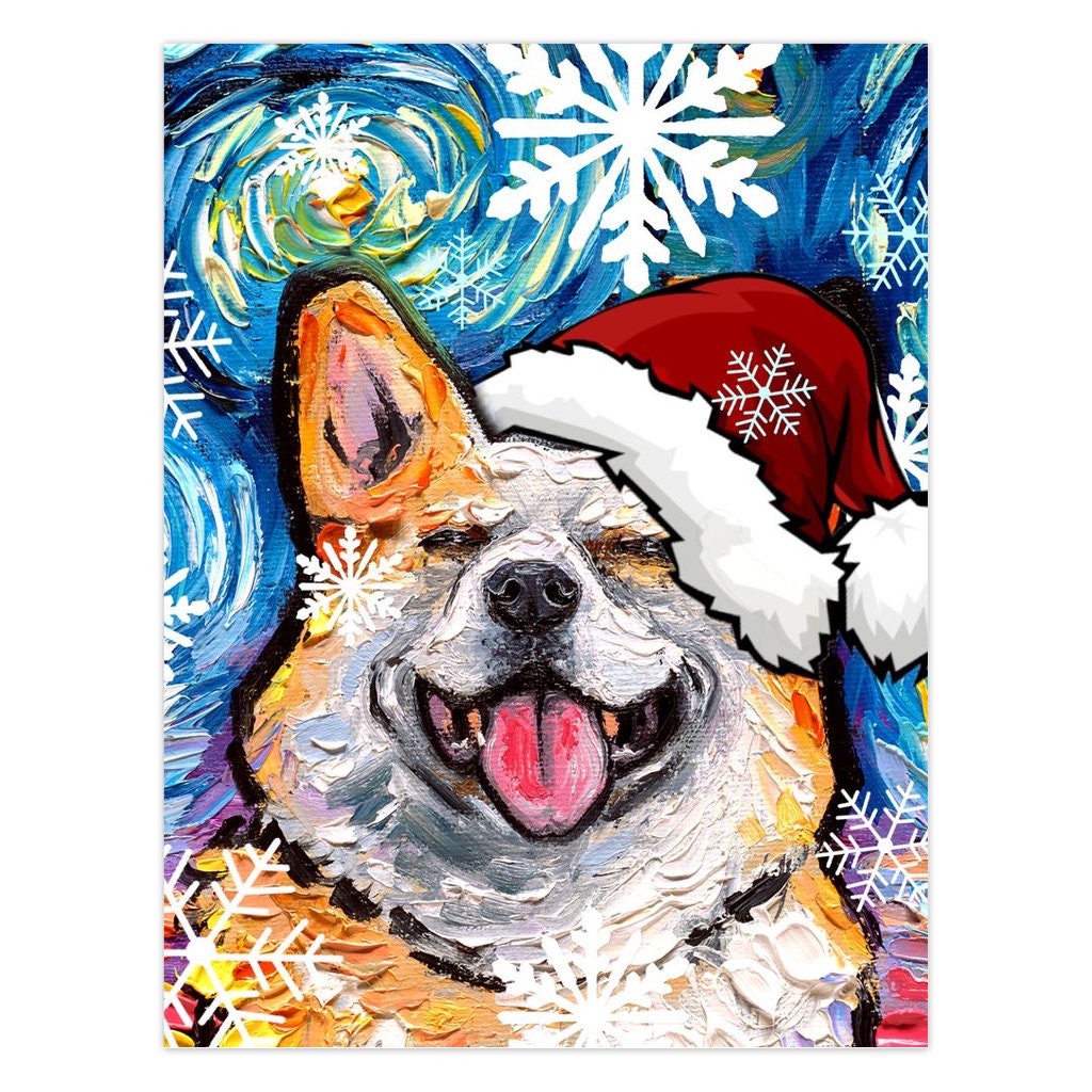 Christmas Cards  Smiling Pembroke Welsh Corgi Santa Starry Night Folded Greeting Cards 4.25x5.5 Inches With Envelopes Holiday Stationary