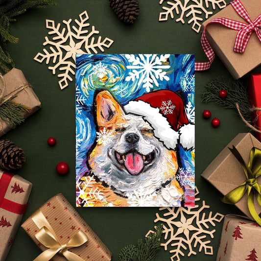 Christmas Cards  Smiling Pembroke Welsh Corgi Santa Starry Night Folded Greeting Cards 4.25x5.5 Inches With Envelopes Holiday Stationary