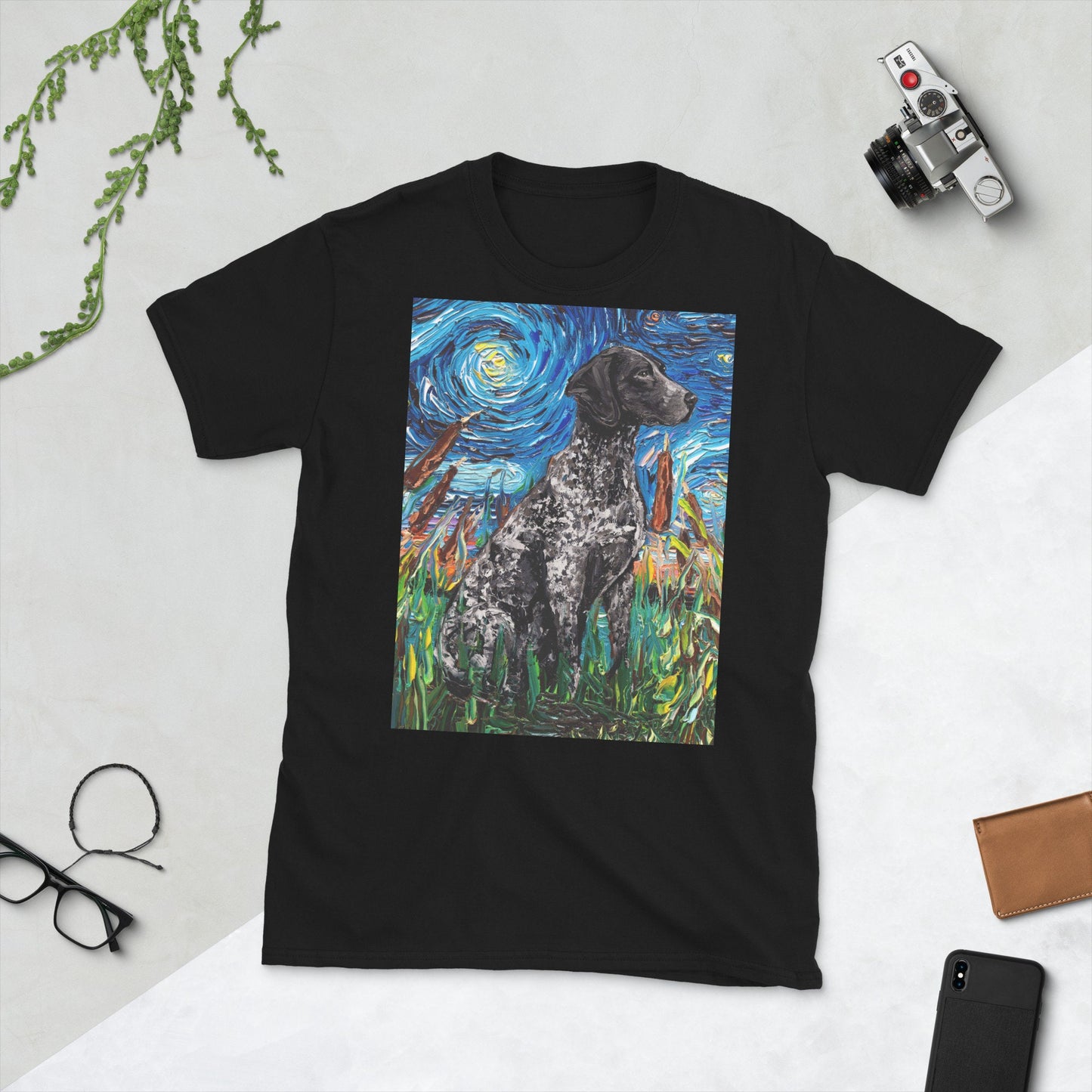 Shirt  Black German Short Hair Pointer Starry Night Dog ShortSleeve Unisex TShirt Art by Aja Soft top clothing Pet Artwork Apparel
