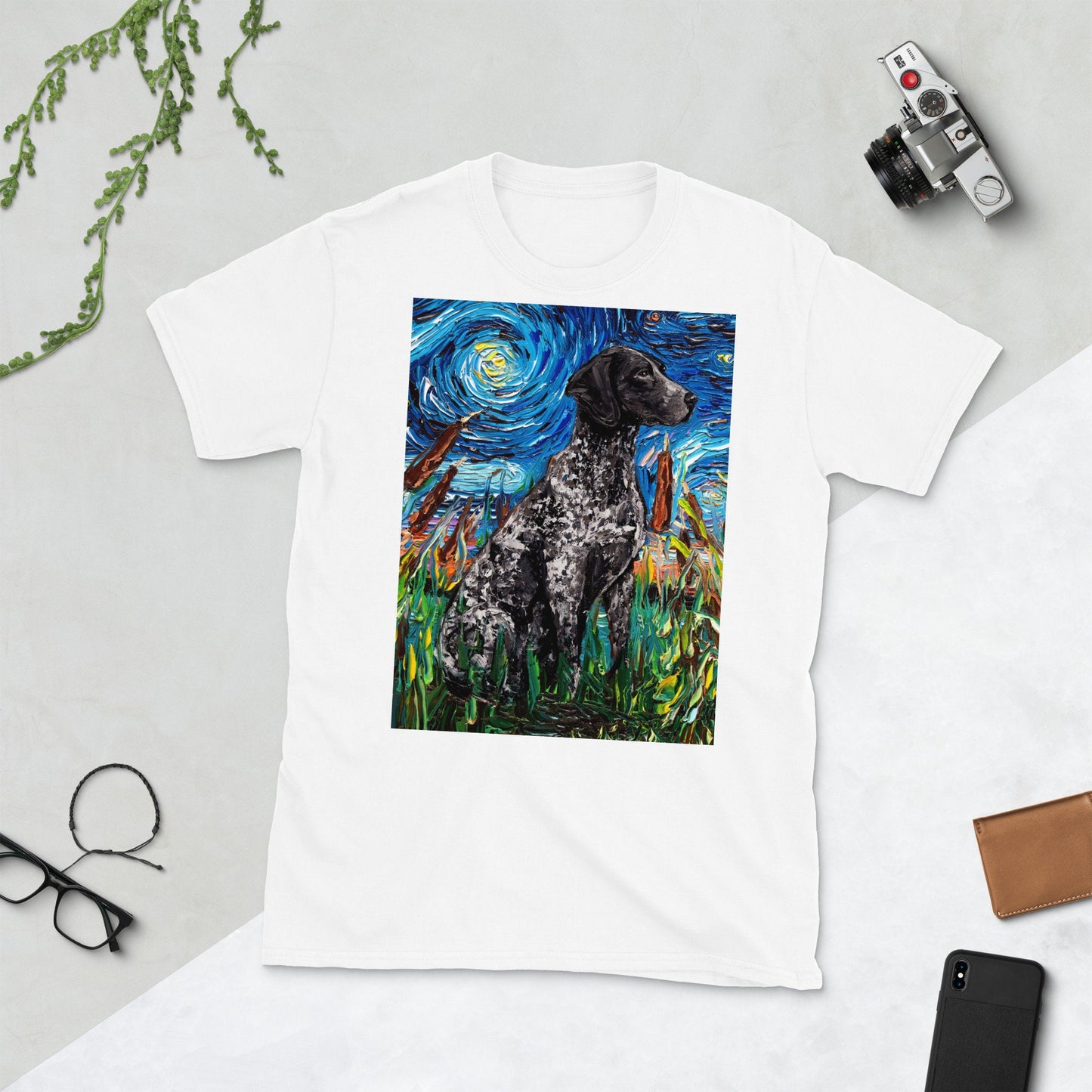 Shirt  Black German Short Hair Pointer Starry Night Dog ShortSleeve Unisex TShirt Art by Aja Soft top clothing Pet Artwork Apparel