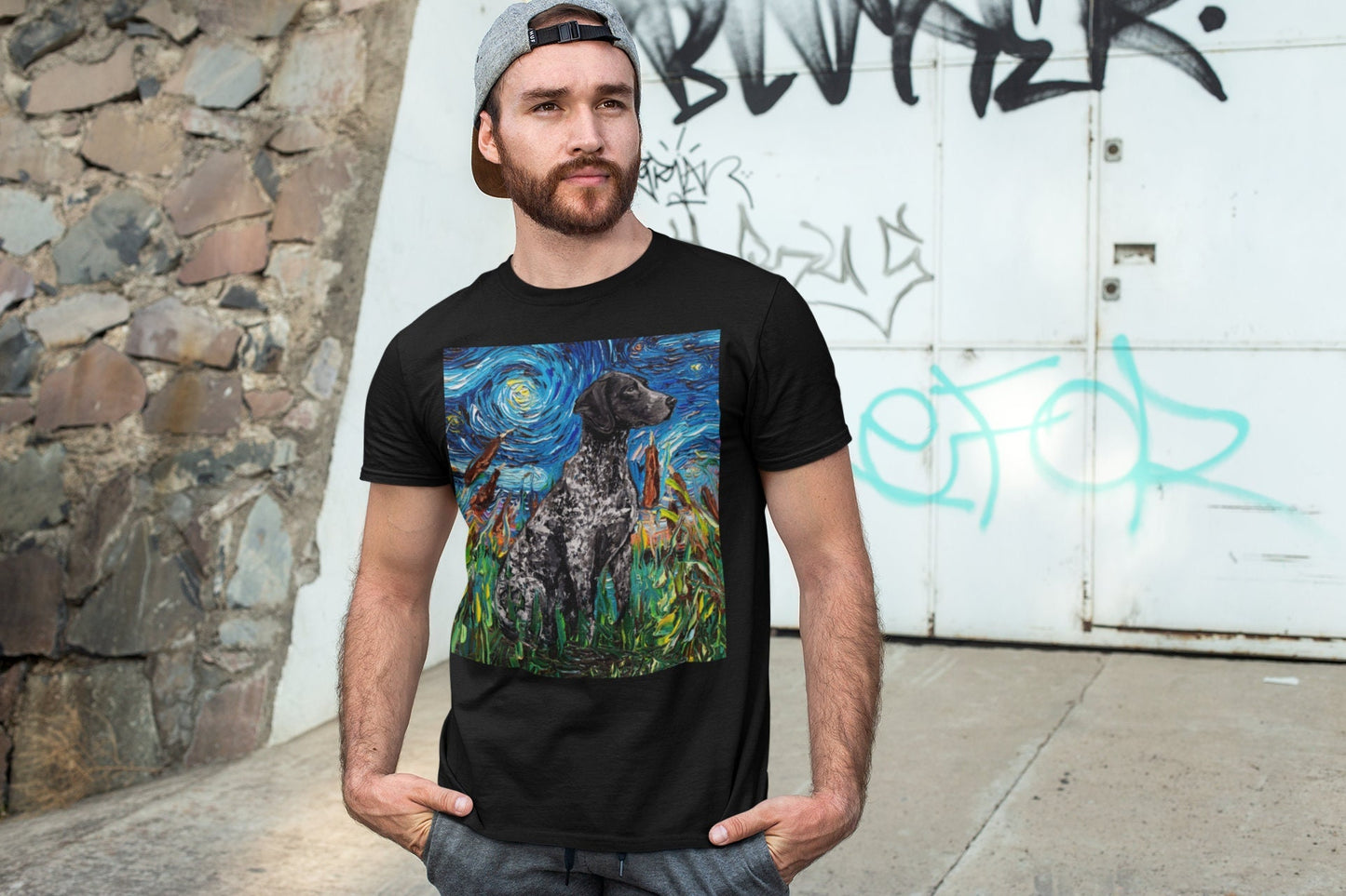 Shirt  Black German Short Hair Pointer Starry Night Dog ShortSleeve Unisex TShirt Art by Aja Soft top clothing Pet Artwork Apparel