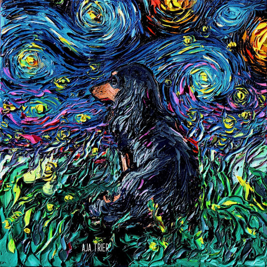 Black and Tan Long Hair Dachshund Art Starry Night Art Print dog lover gift cute art pup by Aja choose size and type of paper wall decor
