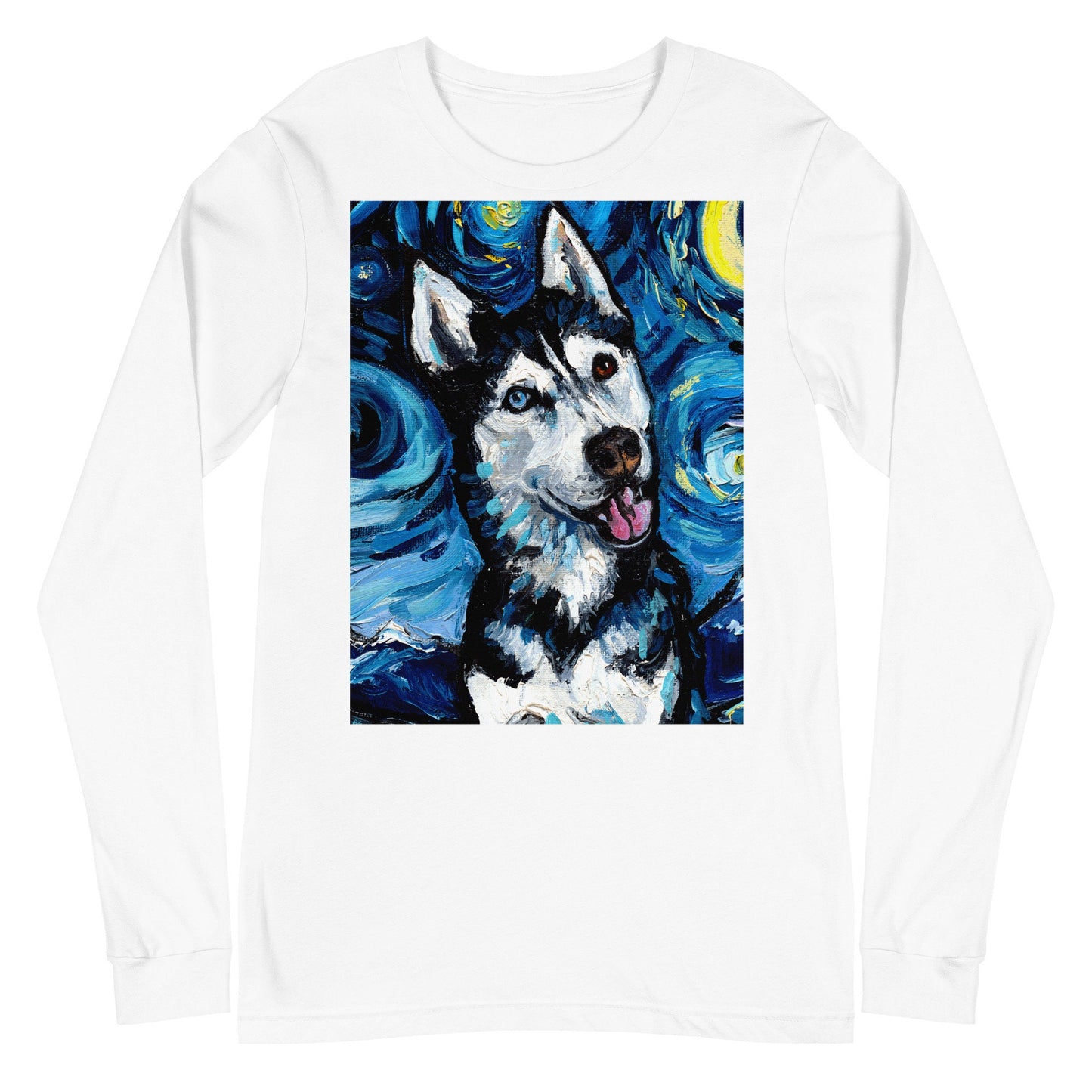 Unisex Long Sleeve Tee Shirt  Happy Siberian Husky Portrait Starry Night Dog Art by Aja Bella + Canvas 3501 clothing Apparel Animal Artwork