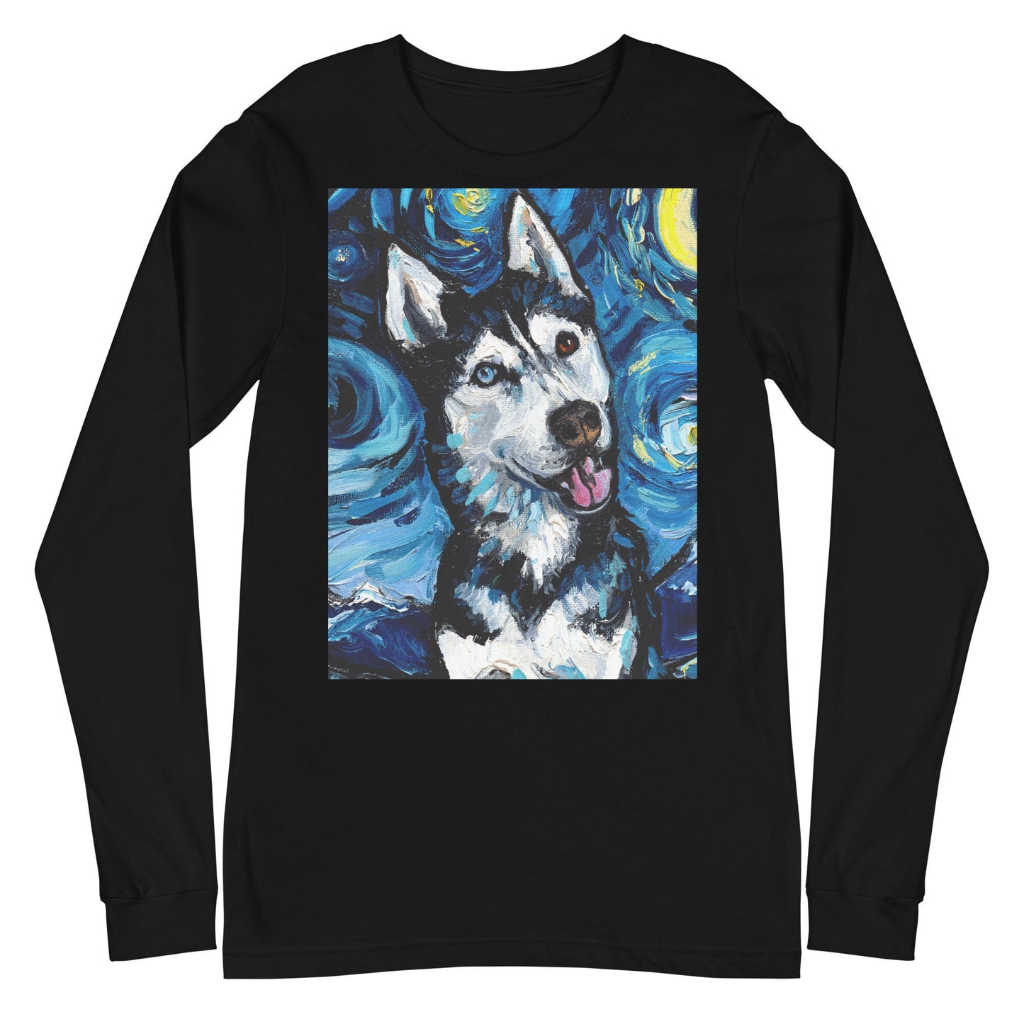 Unisex Long Sleeve Tee Shirt  Happy Siberian Husky Portrait Starry Night Dog Art by Aja Bella + Canvas 3501 clothing Apparel Animal Artwork