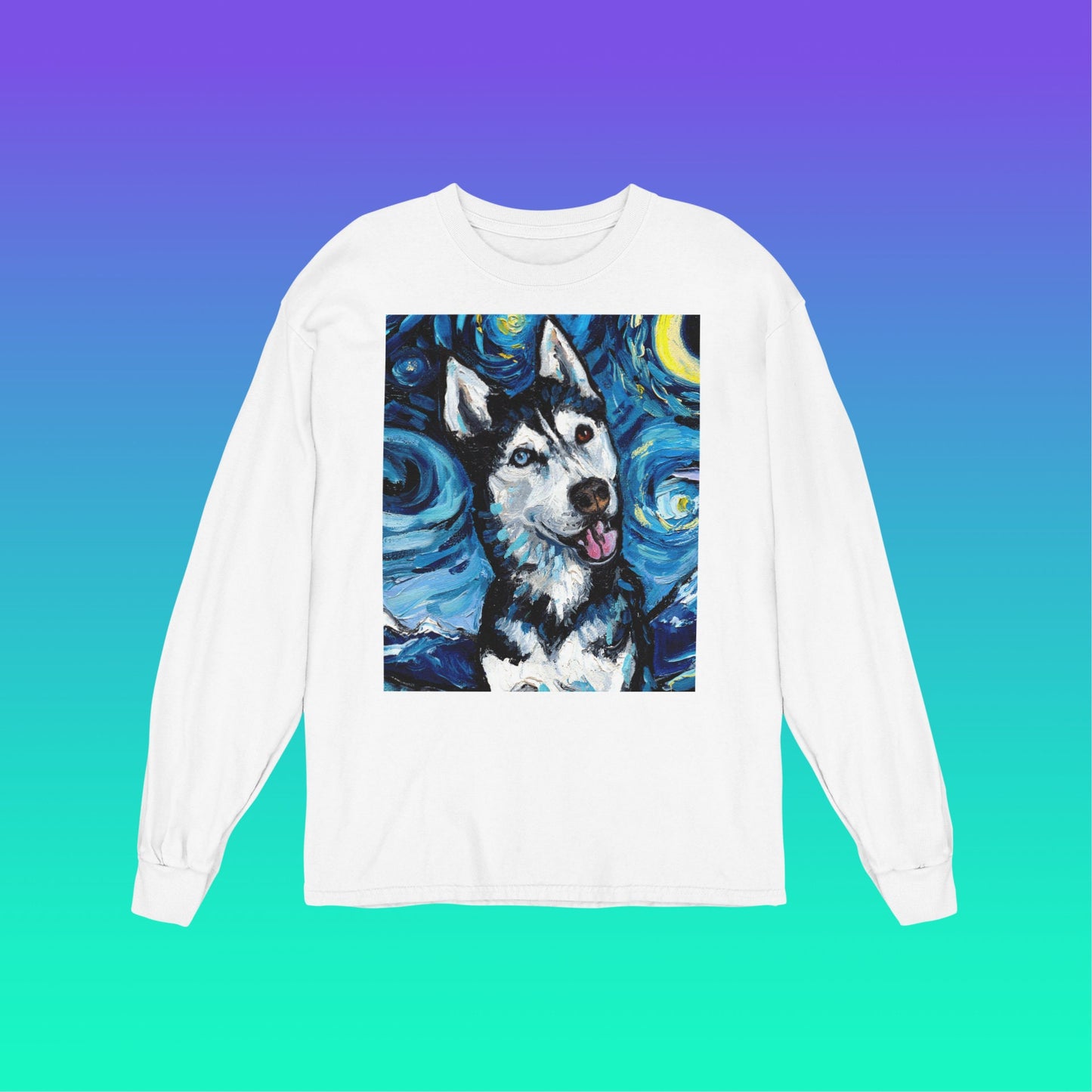 Unisex Long Sleeve Tee Shirt  Happy Siberian Husky Portrait Starry Night Dog Art by Aja Bella + Canvas 3501 clothing Apparel Animal Artwork