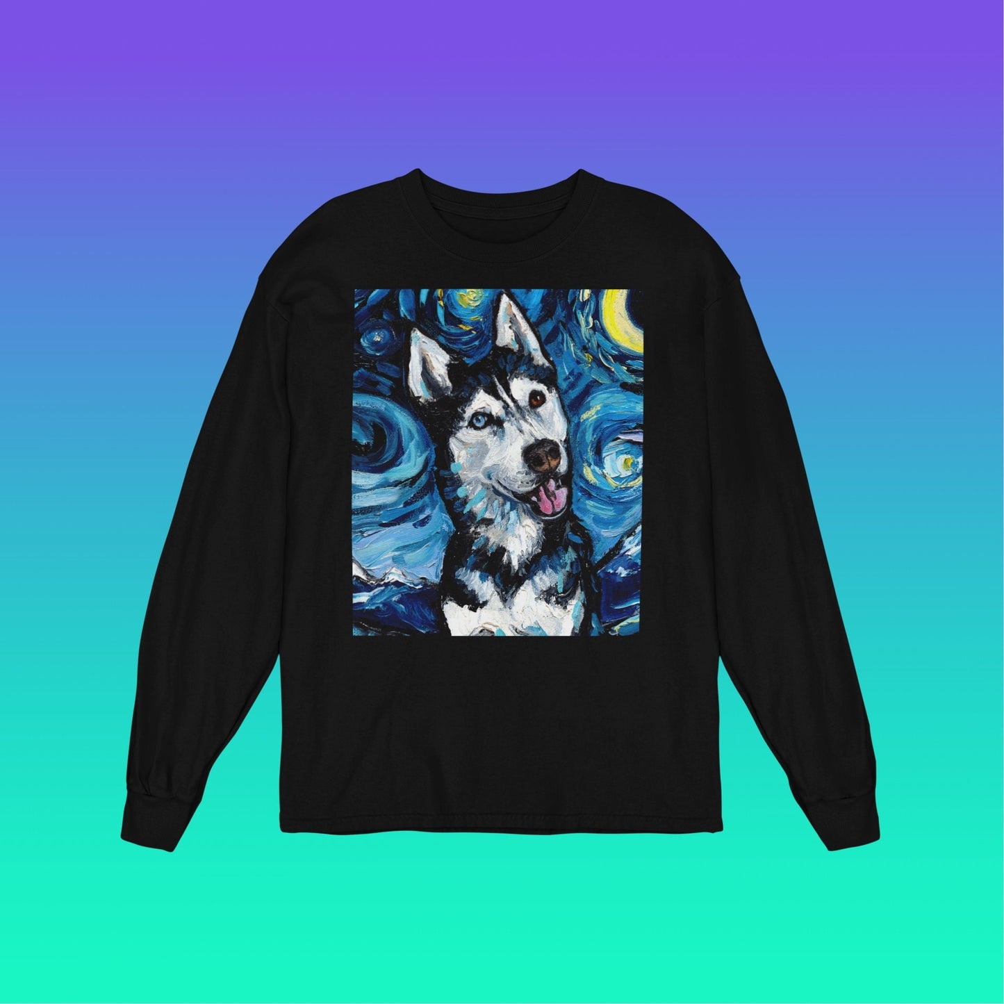 Unisex Long Sleeve Tee Shirt  Happy Siberian Husky Portrait Starry Night Dog Art by Aja Bella + Canvas 3501 clothing Apparel Animal Artwork