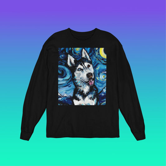 Unisex Long Sleeve Tee Shirt  Happy Siberian Husky Portrait Starry Night Dog Art by Aja Bella + Canvas 3501 clothing Apparel Animal Artwork