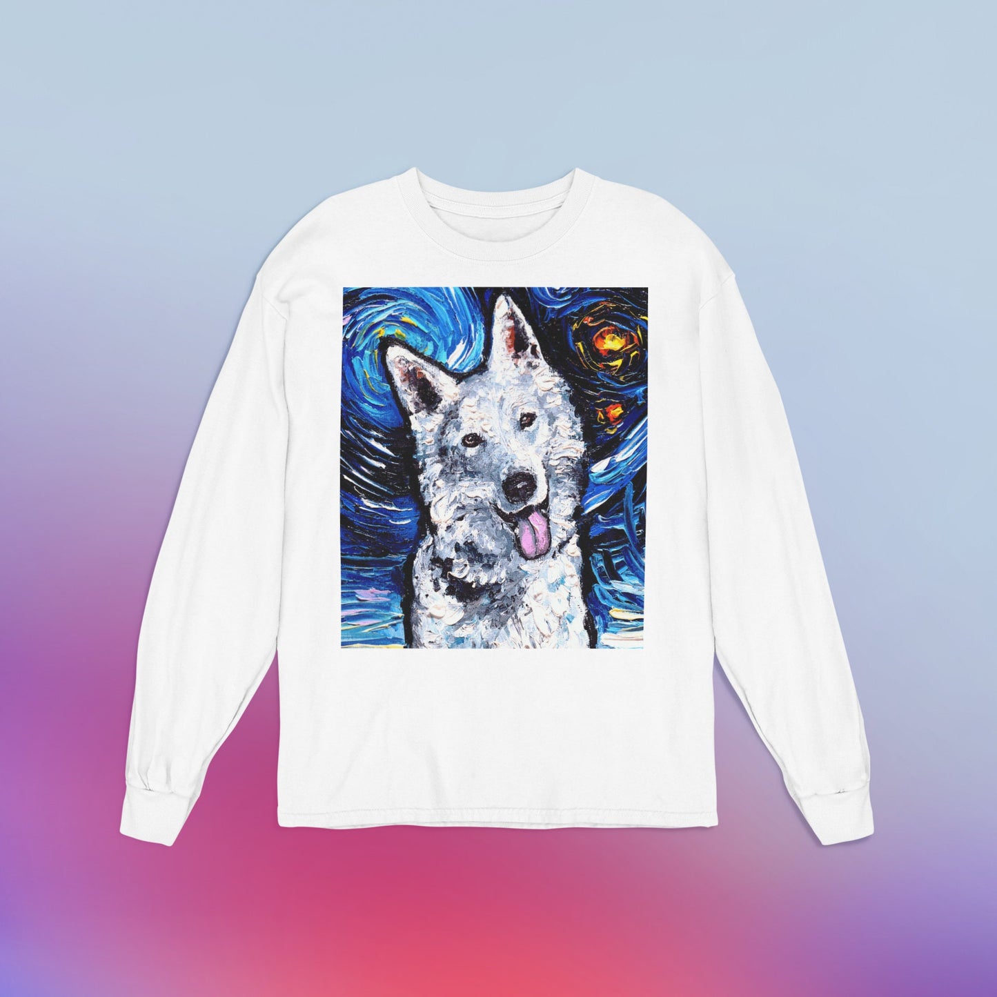 Unisex Long Sleeve Tee Shirt  White German Shepherd Portrait Starry Night Dog Art by Aja Bella + Canvas 3501 clothing Swiss Shepherd
