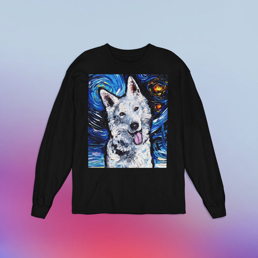 Unisex Long Sleeve Tee Shirt  White German Shepherd Portrait Starry Night Dog Art by Aja Bella + Canvas 3501 clothing Swiss Shepherd