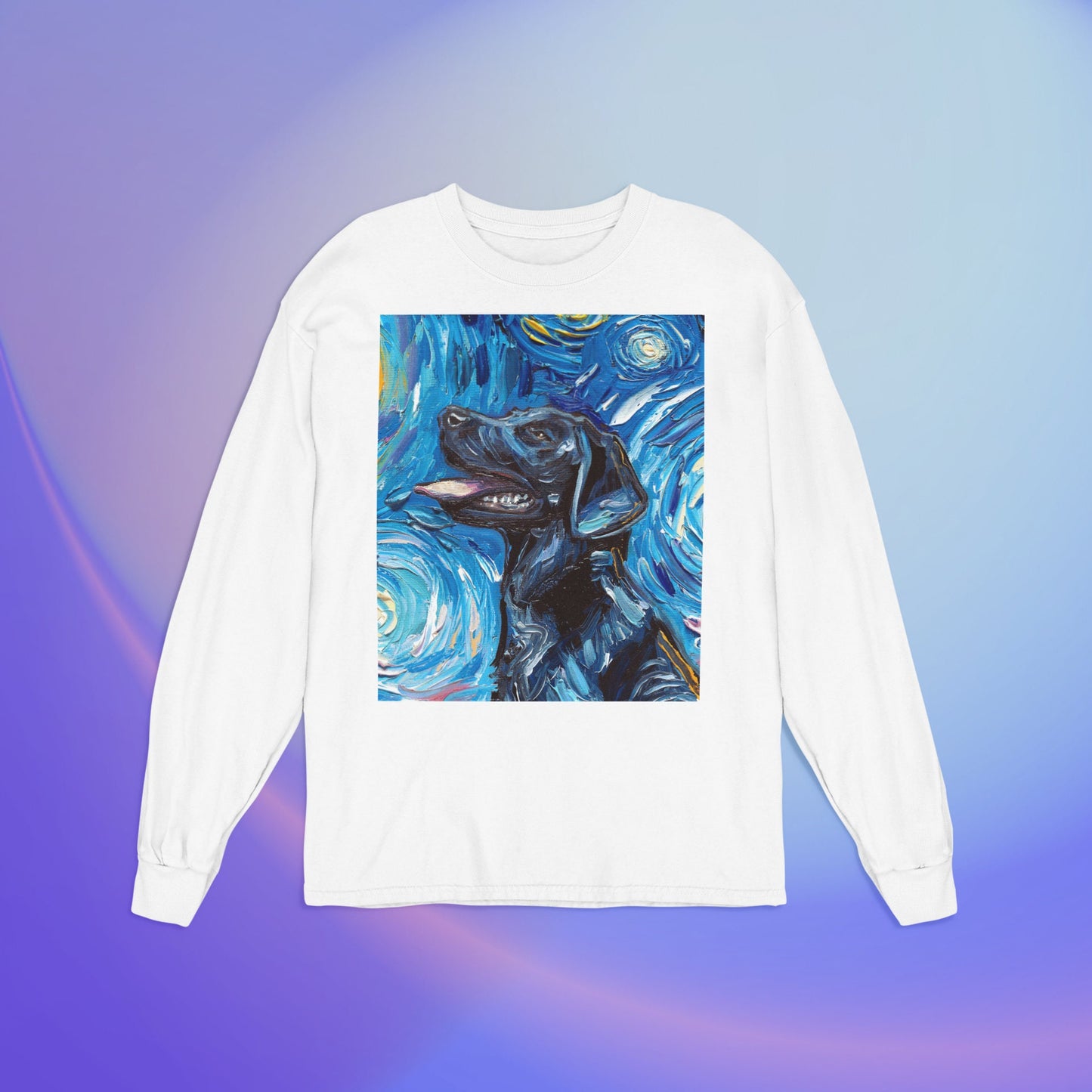 Unisex Long Sleeve Tee Shirt  Black labrador Portrait Starry Night Dog Art by Aja Bella + Canvas 3501 clothing Apparel Animal Artwork