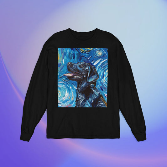 Unisex Long Sleeve Tee Shirt  Black labrador Portrait Starry Night Dog Art by Aja Bella + Canvas 3501 clothing Apparel Animal Artwork