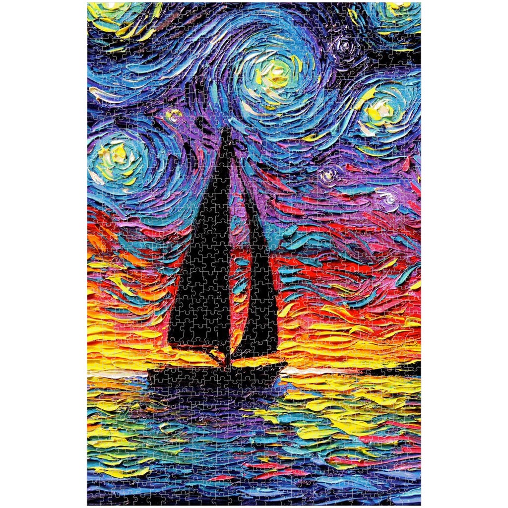 Premium Boxed Puzzles  Sailboat Sunset Ocean Starry Night Art By Aja Rainy Day Activity Game Choose From Multiple Sizes Perfect Gift