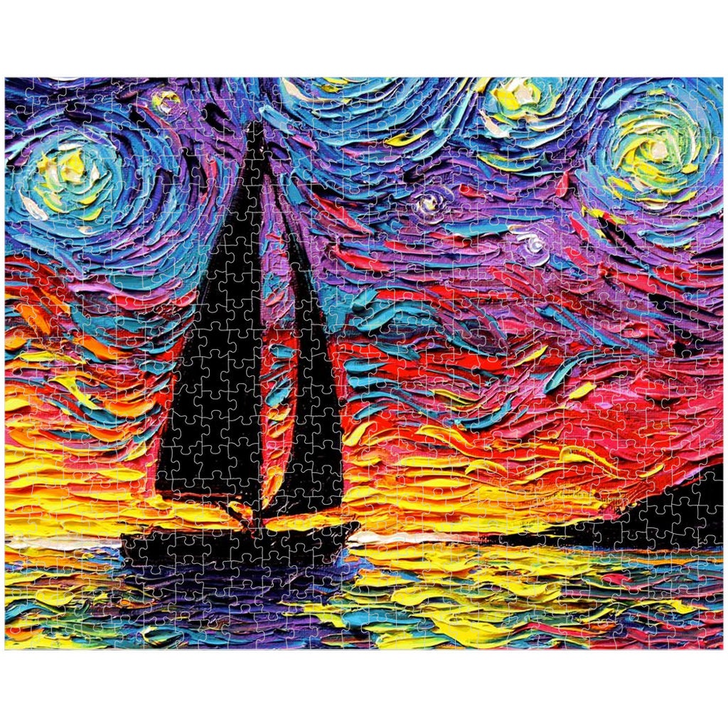 Premium Boxed Puzzles  Sailboat Sunset Ocean Starry Night Art By Aja Rainy Day Activity Game Choose From Multiple Sizes Perfect Gift