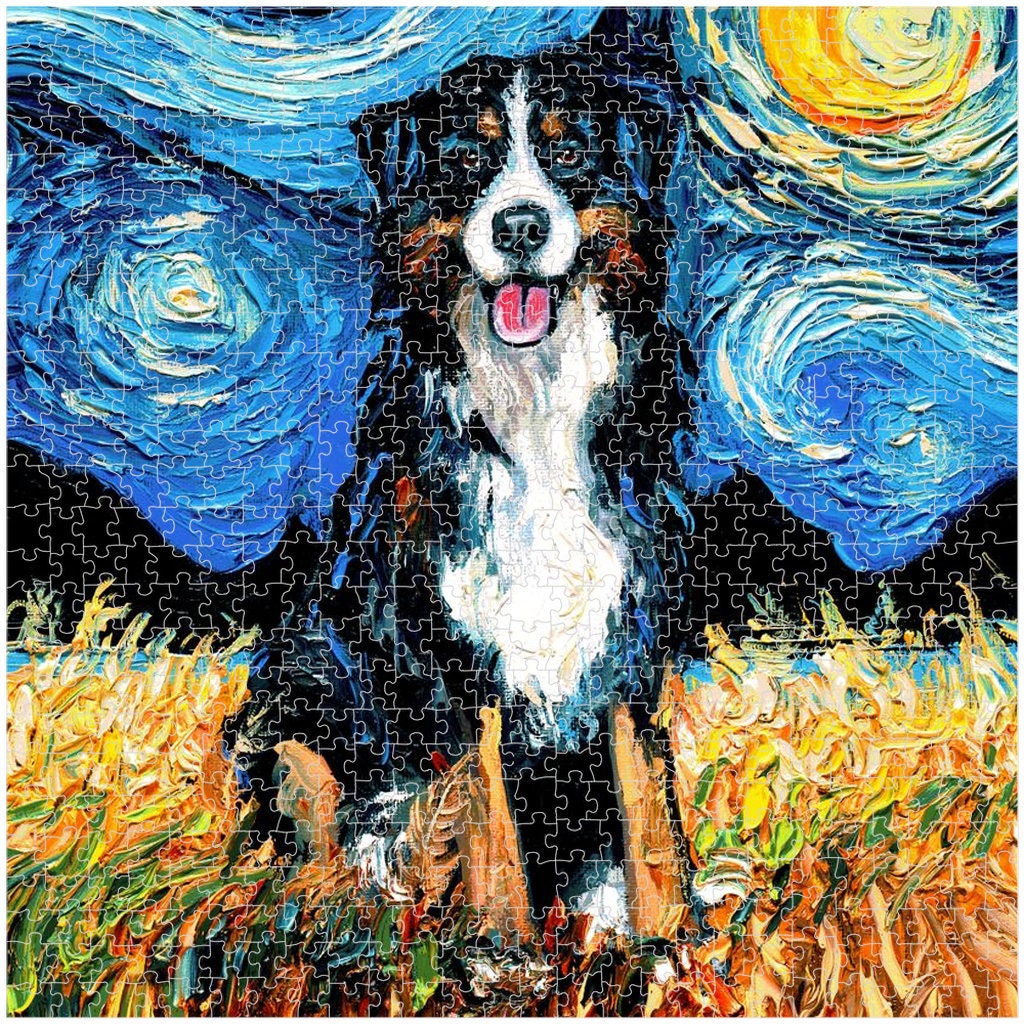 Premium Boxed Puzzles  Bernese Mountain Dog Starry Night Art By Aja Rainy Day Activity Game Choose From Multiple Sizes