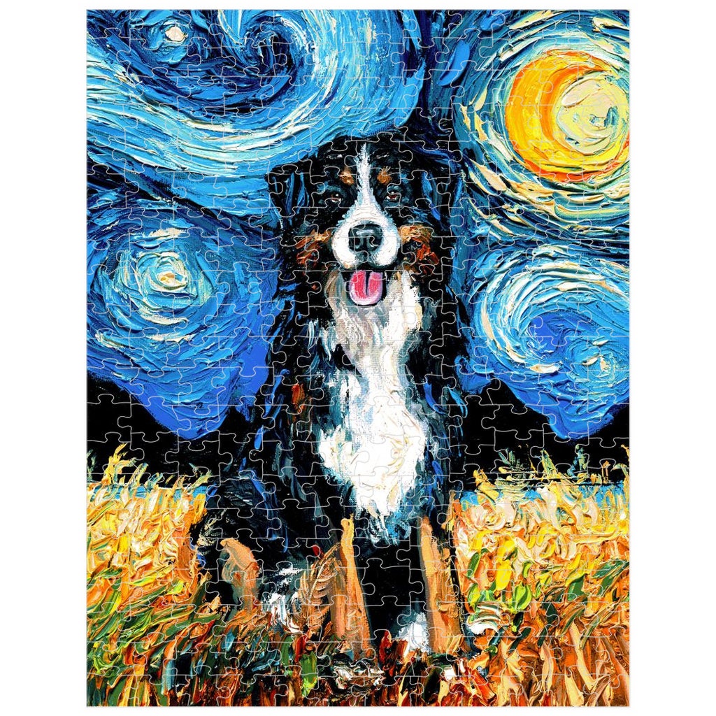 Premium Boxed Puzzles  Bernese Mountain Dog Starry Night Art By Aja Rainy Day Activity Game Choose From Multiple Sizes