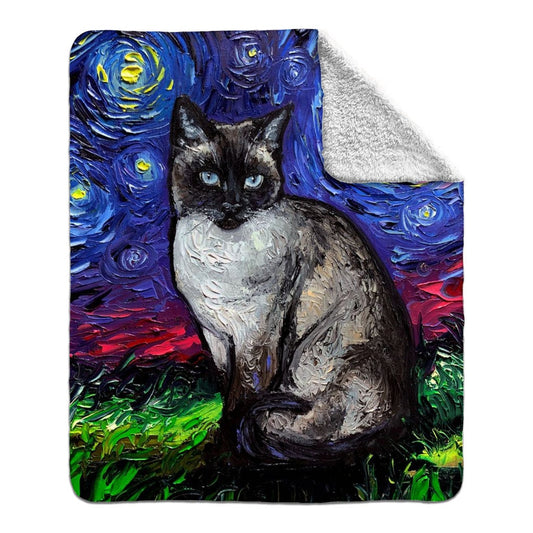 Fleece Sherpa Throw Blanket Siamese Cat And Moon Starry Night 60x50 Inches