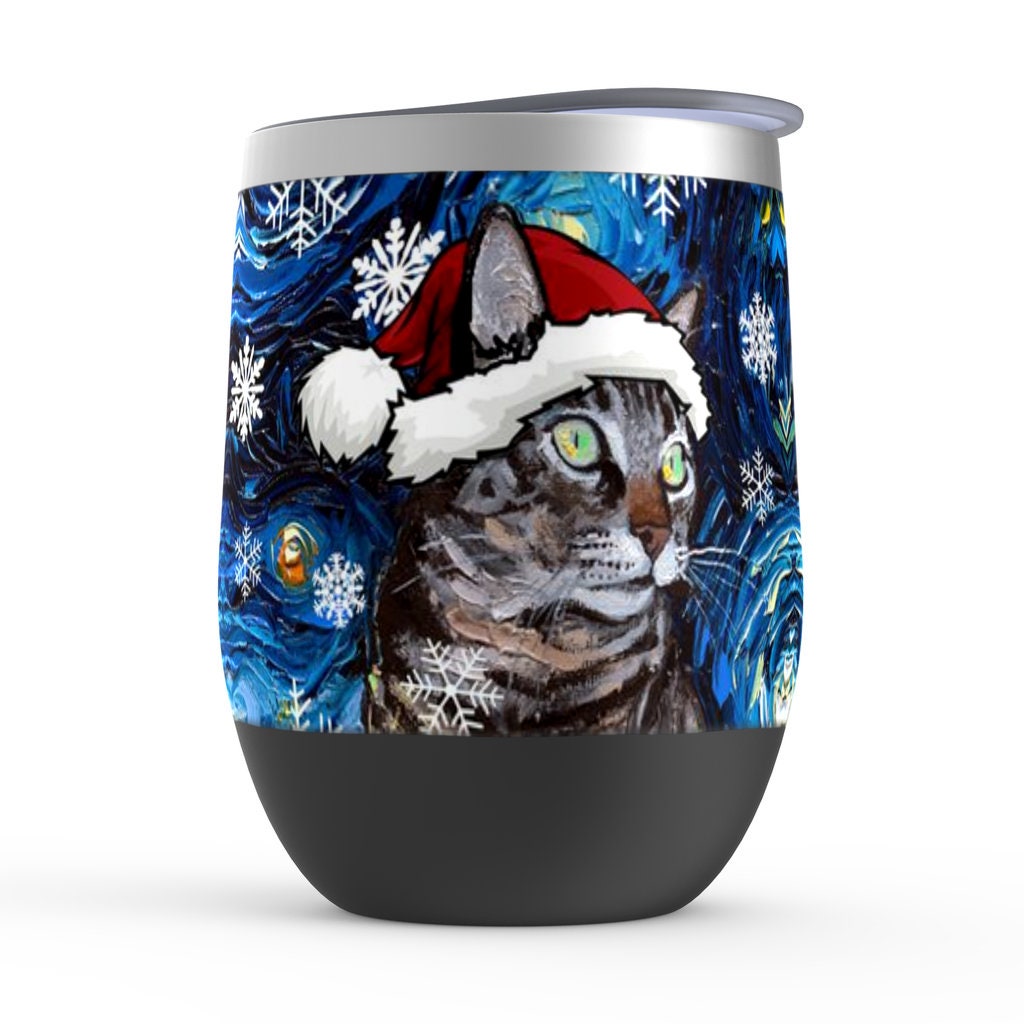Stemless Wine Tumblers  Tabby Santa Cat Starry Night Cup With Lid Christmas Gift Barware Wine Glass Home Goods Drinkware By Aja