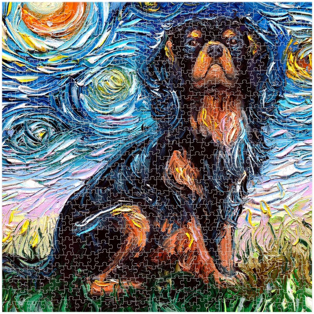 Premium Boxed Puzzles  Black And Tan Cavalier King Charles Spaniel Starry Night Dog Art By Aja Choose From Multiple Sizes