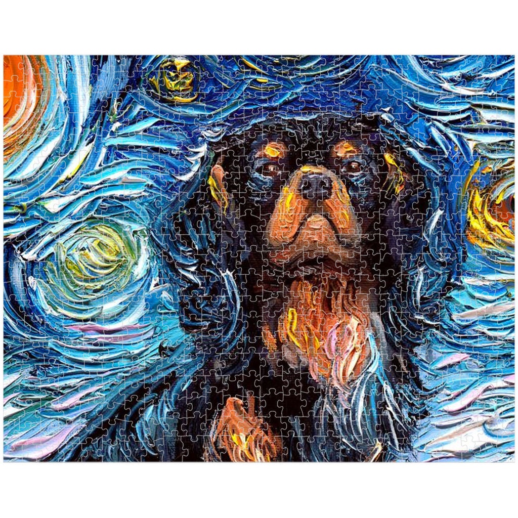Premium Boxed Puzzles  Black And Tan Cavalier King Charles Spaniel Starry Night Dog Art By Aja Choose From Multiple Sizes