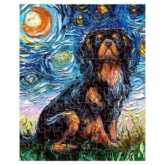 Premium Boxed Puzzles  Black And Tan Cavalier King Charles Spaniel Starry Night Dog Art By Aja Choose From Multiple Sizes