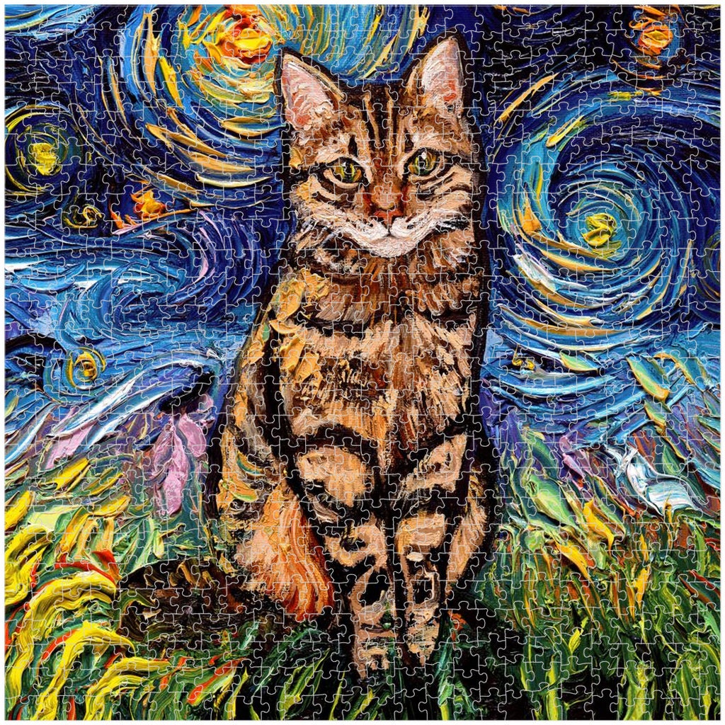 Premium Boxed Puzzles  Brown Tabby Cat Starry Night Art By Aja Choose From Multiple Sizes Rainy Day Activity Puzzle