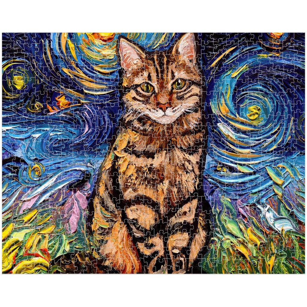 Premium Boxed Puzzles  Brown Tabby Cat Starry Night Art By Aja Choose From Multiple Sizes Rainy Day Activity Puzzle