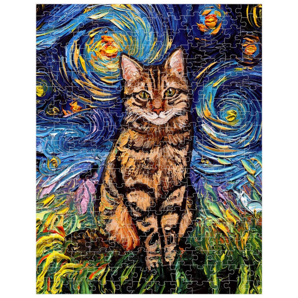 Premium Boxed Puzzles  Brown Tabby Cat Starry Night Art By Aja Choose From Multiple Sizes Rainy Day Activity Puzzle