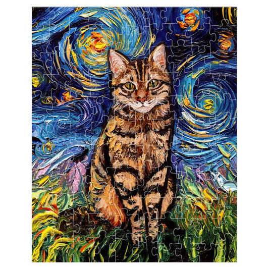 Premium Boxed Puzzles  Brown Tabby Cat Starry Night Art By Aja Choose From Multiple Sizes Rainy Day Activity Puzzle