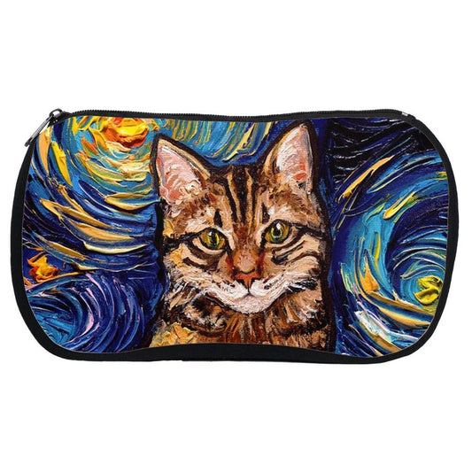 Cosmetic Bag  Brown Tabby Cat Starry Night Neoprene Rubber Kitty Makeup Pouch Travel Bag Art By Aja