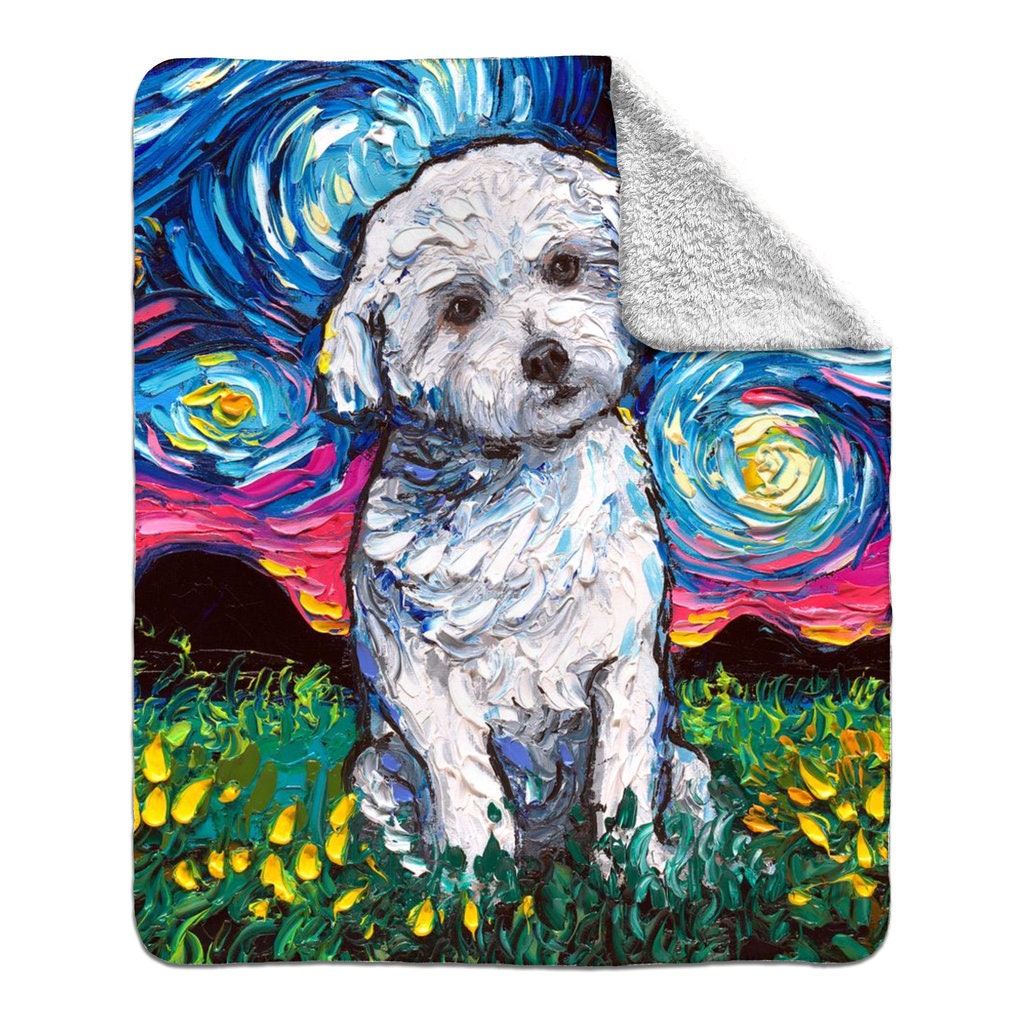 Premium Fleece Sherpa Blanket Maltese Poodle Mix Starry Night Dog Throw 60x50 inches