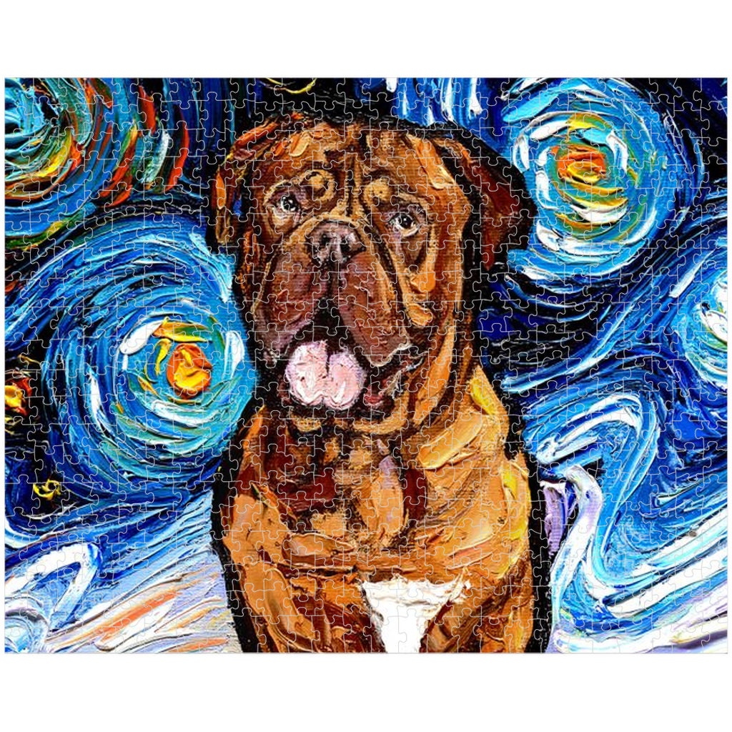 Premium Boxed Puzzles  Dogue De Bordeaux Mastiff Starry Night Dog Art By Aja Choose From Multiple Sizes Rainy Day Activity