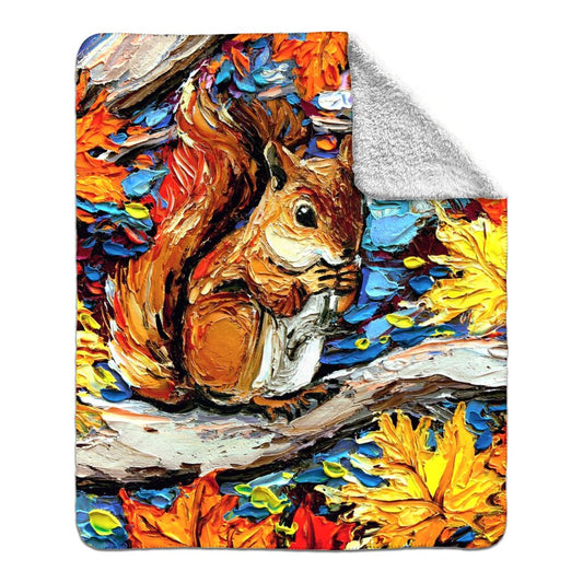 Premium Fleece Sherpa Throw Blanket Squirrel Autumn Leaves