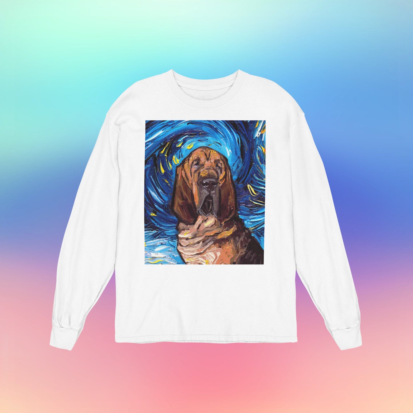 Unisex Long Sleeve Tee Shirt  Bloodhound Portrait Starry Night Dog Art by Aja Bella + Canvas 3501 clothing Apparel Animal Artwork