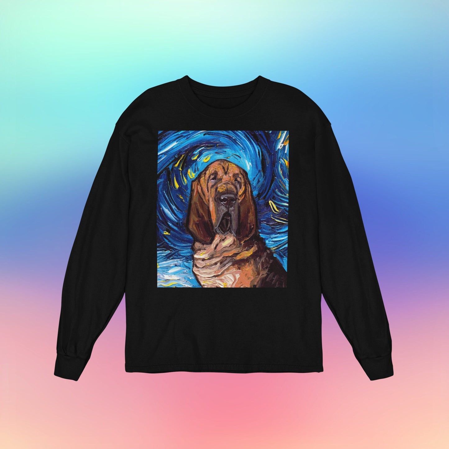 Unisex Long Sleeve Tee Shirt  Bloodhound Portrait Starry Night Dog Art by Aja Bella + Canvas 3501 clothing Apparel Animal Artwork
