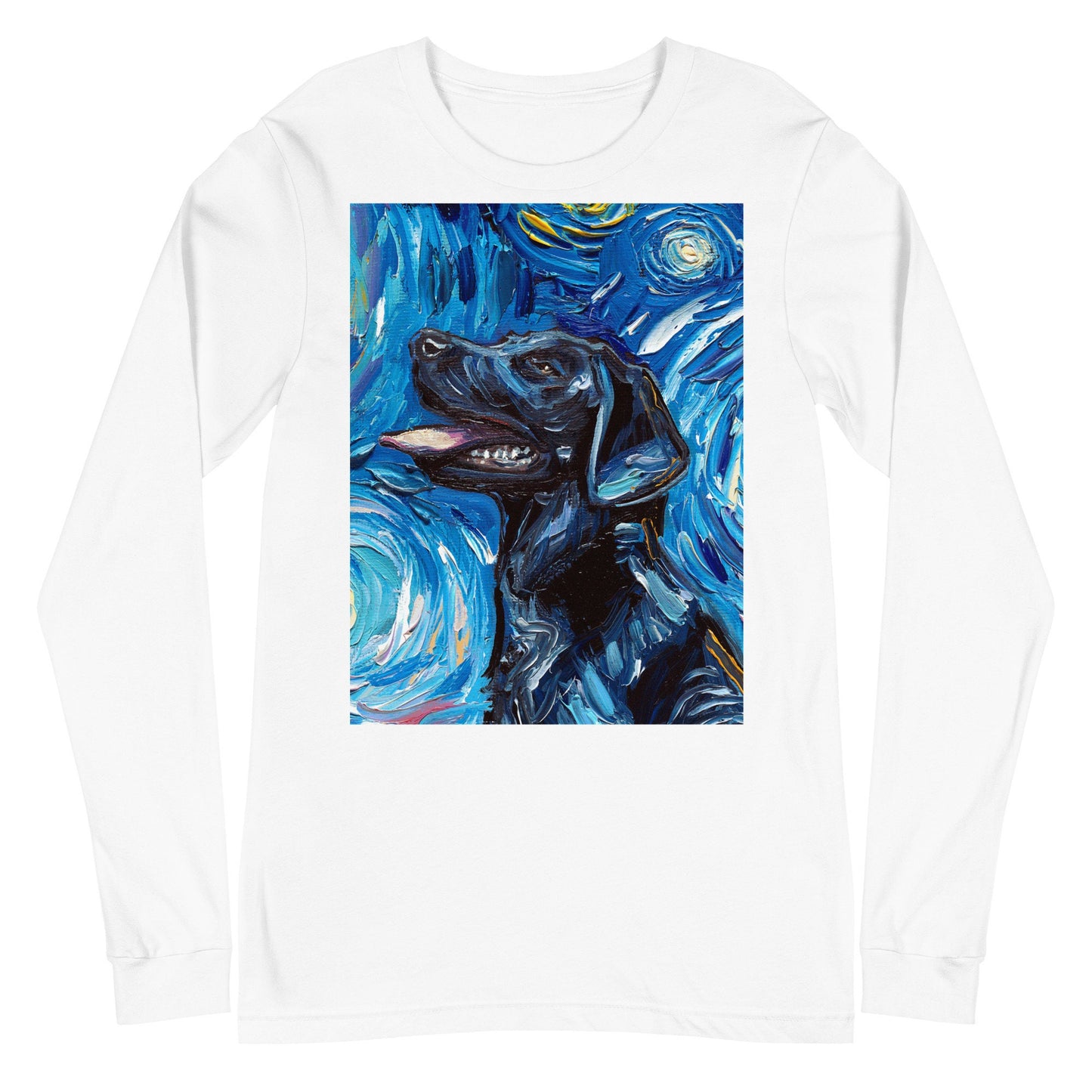 Unisex Long Sleeve Tee Shirt  Black labrador Portrait Starry Night Dog Art by Aja Bella + Canvas 3501 clothing Apparel Animal Artwork