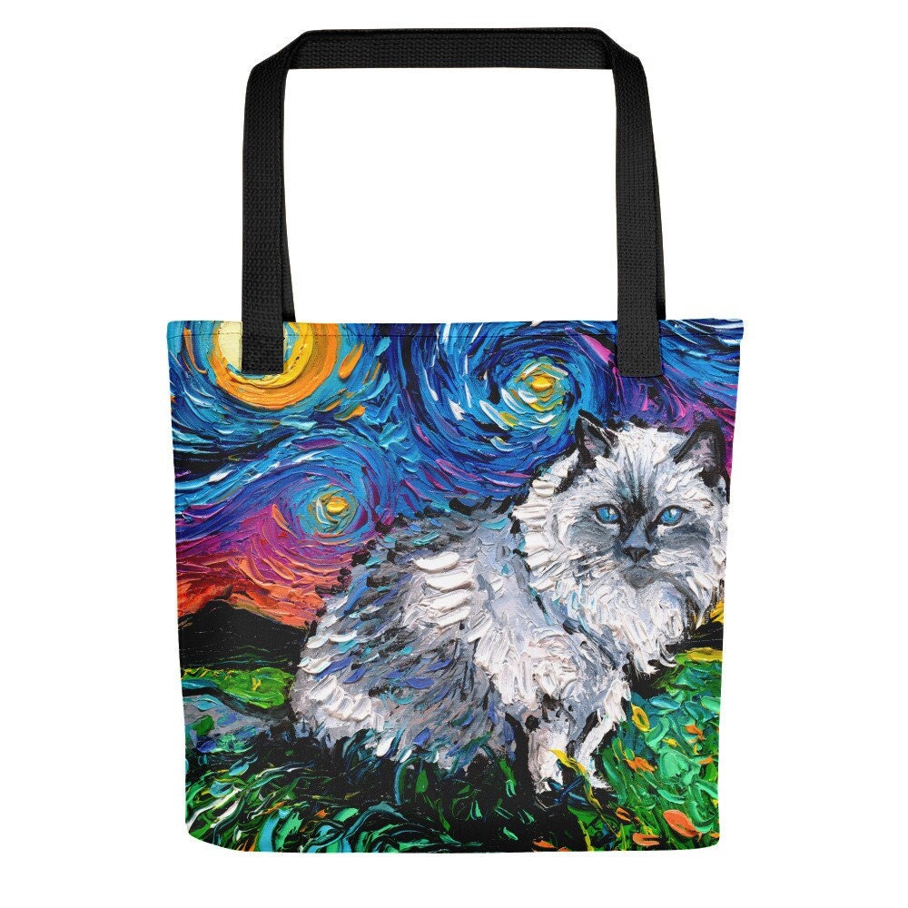 Ragdoll Cat Starry Night Tote bag handbag artwork by Aja fluffy white kitty overnight bag purse handbag