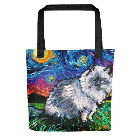 Ragdoll Cat Starry Night Tote bag handbag artwork by Aja fluffy white kitty overnight bag purse handbag