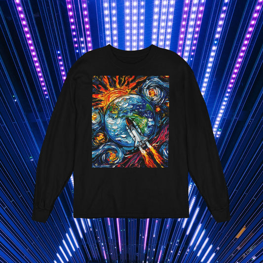 Unisex Long Sleeve Tee Shirt  Space Shuttle Launch Starry Night Space Science Art by Aja Bella + Canvas 3501 clothing Spaceship Earth