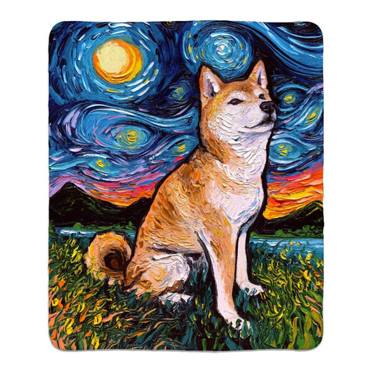 Fleece Sherpa Blanket Shiba Inu Forward Seated Starry Night Dog 60x50 Inches