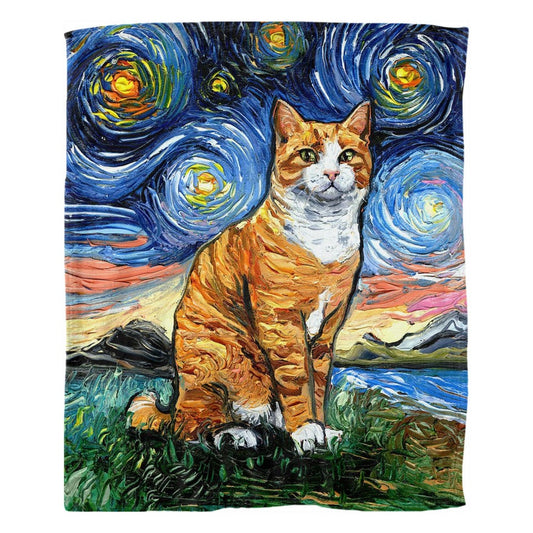 Orange Tuxedo Tabby Cat Starry Night 60x50 Inch Fleece Throw Blanket